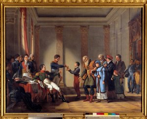 1807年1月のポーランド遠征における皇帝ナポレオン1世（1769-1821）の慈善行為：皇帝は117歳のネロツキに100ナポレオンの年金を与える 絵画：ジョン・シャルル・タルデュー（1765-1830） 19世紀 日。1,15x1,46 m - 皇帝の慈悲深い行為 作： Jean Charles Tardieu