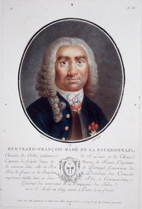 ベルトラン・フランソワ・マエ・ド・ラ・ブルドンネ（1699-1753）、ライドの彫刻による「フランスの偉大な男性、輝かしい女性、記憶に残る人々の肖像」より、1787-92年に出版されたカラーリトグラフ。