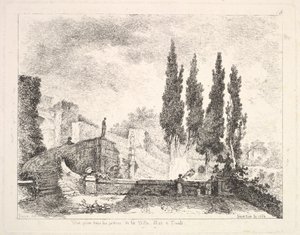 チボリのヴィラデエステにある庭園、キプロスの木々、右側にある階段、1764年。 作： Jean Claude Richard Saint Non