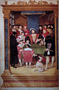 フランソワ1世（1494-1547）と宮廷で翻訳文を読むアントワーヌ・マコー 王の周りには息子のフランソワ、アンリ（後のヘンリー2世）、シャルルがいる。左側には代表者（左から右へ）。クロード・ダルフェ、アドミラル・シャボ・ド・ブル