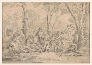 死んだ騎士 (オーランド?) が女と天才に流される 作： Jean Cotelle (II)