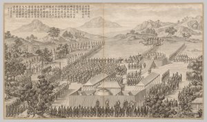 ウイグル族鎮圧における将軍と将校への褒賞: 西方地域の反乱鎮圧の戦闘シーンから、皇帝の詩とともに 作： Jean Damascene Sallusti