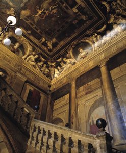 バロック建築：トロンプルイユ（だまし絵）で描かれた階段（17世紀ジャン・ダレ（1613-1668）の絵画。ホテル・ドゥ・シャトーレナードエクス・アン・プロヴァンス（Aix-en-Provence）、ブーシュ・デュ・ローヌ（Bouches-du-Rhone）（13）。 作： Jean Daret