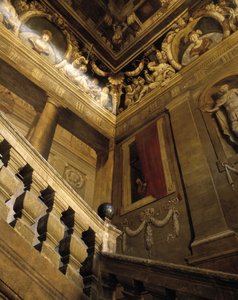 バロック建築：トロンプルイユ（だまし絵）で描かれた階段（17世紀ジャン・ダレ（1613-1668）の絵画。ホテル・ドゥ・シャトーレナードエクス・アン・プロヴァンス（Aix-en-Provence）、ブーシュ・デュ・ローヌ（Bouches-du-Rhone）（13）。 作： Jean Daret