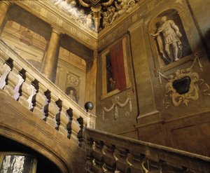 バロック建築：トロンプルイユ（だまし絵）で描かれた階段（17世紀ジャン・ダレ（1613-1668）の絵画。ホテル・ドゥ・シャトーレナードエクス・アン・プロヴァンス（Aix-en-Provence）、ブーシュ・デュ・ローヌ（Bouches-du-Rhone）（13）。 作： Jean Daret