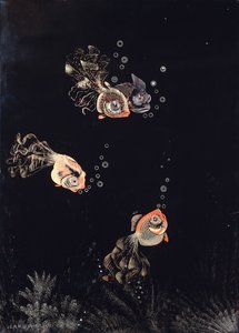 赤と金の魚が気泡を吹く水中シーンを描いた、ジャン・デュナンによる漆塗りのパネル 作： Jean Dunand
