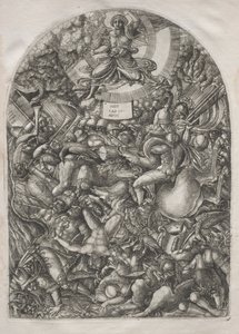黙示録：獲物の鳥を呼ぶ太陽の中の天使、1546-1556年。 作： Jean Duvet