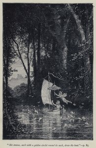 "6羽の白鳥が、それぞれ首に金の輪をつけて船を引いた"(彫刻) 作： Jean Edouard Dargent