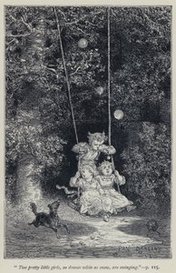 "雪のように白いドレスを着た2人の可愛い少女がスイングしている"(エングレーヴィング) 作： Jean Edouard Dargent