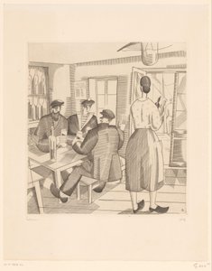顧客とウェイトレスがいるカフェのインテリア キャバレー・ヴァンデーン 作： Jean Emile Laboureur (signed by artist)