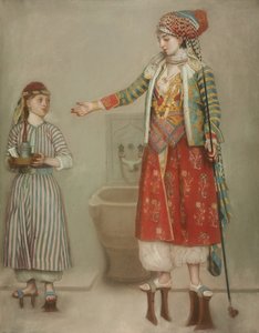 18世紀半ばのハマムで召使いと一緒にトルコの衣装を着た女性。 作： Jean Étienne Liotard