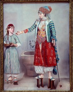 オリエンタリズム：「トルコ人をまとったフランコ婦人とその奴隷」二人の女性はハマムで使われる木製の台を身につけています。ジャン・エティエンヌ・リオタール（1702-1789）によるパステル画 1742年 薄さ0,71 x 0,53 m Geneva, musee d