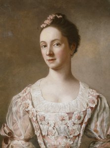 ピンクと白のドレスを着た女性の肖像画、半分の長さ、 作： Jean Étienne Liotard