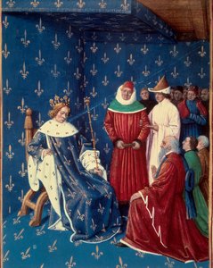シャルル5世（1338-1380）は、1377年に神聖ゲルマン帝国の皇帝であるシャルル4世（1316-1378）の大使を迎えた。ジャン・フーケ（1420-1481）の手稿からのミニチュア 作： Jean Fouquet
