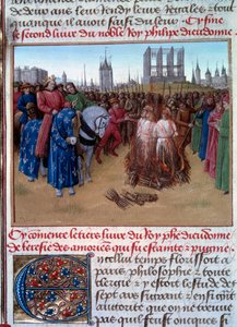 フィリップ2世（フィリップ・アウグスト、1165-1223）の前でのアマウリ派（シャルトルのアマウリの支持者、12世紀のフランスの哲学者・神学者）の非難と拷問。フランス大年代記」の写本（フォリオ236 作： Jean Fouquet