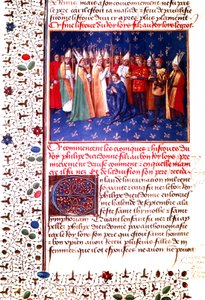 1179年、フランス王フィリップ2世オーギュストの戴冠式、1455-60年頃（細密画） 作： Jean Fouquet