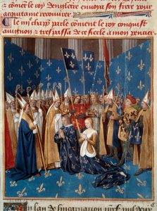 1224年にランスで行われたルイ8世（1187-1226）とブランシュ・ド・カスティーユ（1188-1252）の戴冠式 ジャン・フーケ（1420-1481）の手による15世紀の写本「フランス大年代記」のミニチュア。パリ、B.N. 作： Jean Fouquet