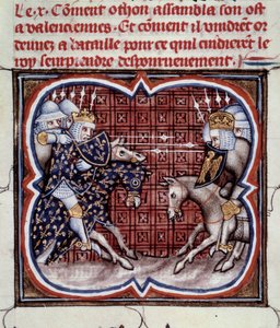 英仏戦争（1202年～1214年）：1214年7月27日、フィリップ・オーギュストのフランス軍とオトン4世のフランドルとウェルフの間で行われたBouvinesの戦い。フランス軍の勝利は、戦争の結果を決定的にするものでした。ミニチュア「フランス大年代記」より b 作： Jean Fouquet