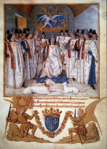 ルイ11世(1423-1483)の頃のサン・ミシェル騎士団の支部開催 ジャン・フーケ(1420-1481)の「サン・ミシェル騎士団の規約」のミニチュア 1470年 パリ、B.N.