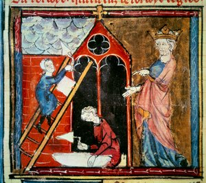 建築物の建設を監督するルイ・ヴィ・ル・グロ（1081～1137年）。ジャン・フーケ（1420-1481）の「フランスの偉大な作品」のミニチュア 作： Jean Fouquet