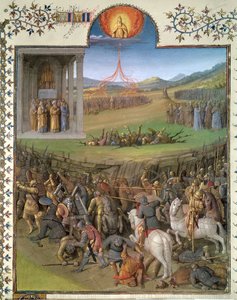 Fr 247 f.70カナン人へのヘブライ人の戦いとコラと反逆者の懲罰、「古代ユダヤ人」からの挿絵、1470年頃 作： Jean Fouquet