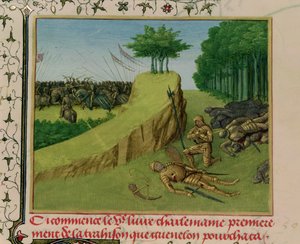 女史Fr 6465 f.113皇帝シャルルマーニュ、ロンスヴォーの戦いの後にローランドの死体を発見、「Les Grandes Chroniques de France」、c.1460 作： Jean Fouquet