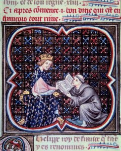 フィリップ3世（1245-1285）にフランスの大年代記のテキストを提示する司祭。ジャン・フーケ（1420年〜1481年）の写本「フランス大年代記」のミニチュア。パリB N 作： Jean Fouquet