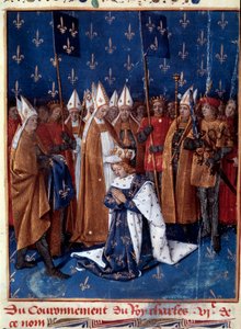 1380年にランスで行われた聖なるシャルル6世。Grandes Chronicles de France" (Folio 457v)のミニチュア、Jean Fouquet (1420-1481) 1455-1460によって盛り込まれている。BN、パリ。 作： Jean Fouquet