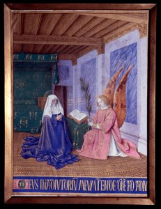 聖母の時間」。ジャン・フーケ（1420-1481）の『エティエンヌ・シュヴァリエの時間』に収録された第二受胎告知の細密画 作： Jean Fouquet