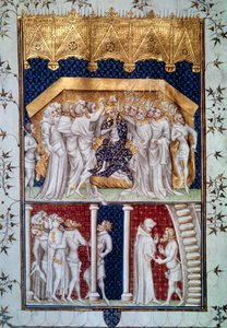 1380年9月16日、フランスの貴族たちによるシャルル6世（1368-1422）の戴冠式。ジャン・フーケ（1420-1481）作「フランス大年代記」のミニチュア 15世紀 パリ、B.N. 作： Jean Fouquet