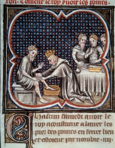 国王ルイ9世（1214-1270）（聖ルイ）の足：食べ物を与え、貧しい人の足を洗う。ジャン・フーケ（1420-1481）による写本「フランス大年代記」のミニチュア（15世紀）。パリ、B.N. 作： Jean Fouquet
