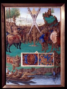 磔にされるサン・アンドレの殉教者 ジャン・フーケ（1420-1477/1481）の「スティーヴン・シュヴァリエの時祷書」から引用されたミニチュア 作： Jean Fouquet