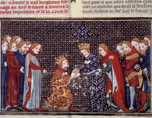 1330年、イングランド王エドワード3世（1312-1377）が、フランス王フィリップ6世（1294-1350）に捧げた貢ぎ物。ジャン・フーケ（1420-1481）の「フランス大年代記」のミニチュア 作： Jean Fouquet