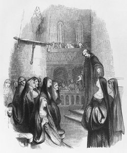 パラクレテでのアベラールの説教、「レットレス・デ・ヘロワーズとアベラール」のイラスト、1839年（彫刻）（bw写真） 作： Jean Francois Gigoux