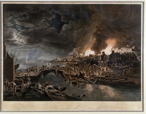 ヴァンデアンに包囲された炎上状態のグランヴィル、J.フランソワ・ヒューの絵画に基づく、1800年頃。