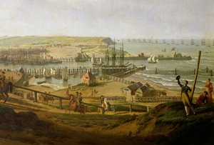 1804年7月にナポレオンがブローニュのキャンプを訪問、1806年の港の詳細 作： Jean Francois Hue