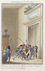 1789年10月6日、ベルサイユ宮殿の女王のアパートへの入り口で警備員を攻撃して殺したパリジャンの暴徒