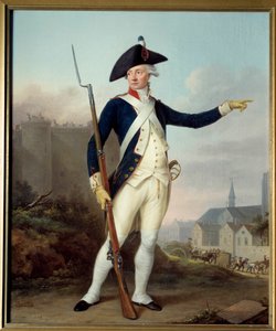 フランス革命：「国民衛兵の制服を着た市民ナウ・ドゥヴィルの全身像（背景はバスティーユの取り壊し 作： Jean Francois Marie Bellier
