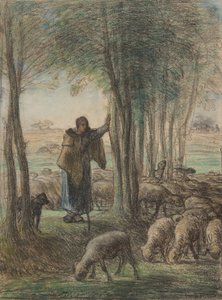木陰での羊飼いと彼女の群れ、1854-55年（敷設紙にクレヨンとパステル） 作： Jean Francois Millet