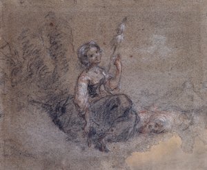 若い羊飼いの紡績（紙に赤と白のチョークと木炭） 作： Jean Francois Millet