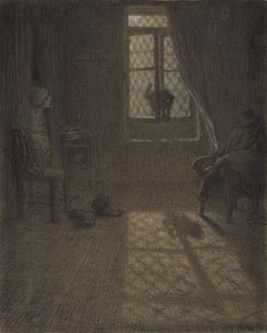 Le chatまたはThe Cat at the Window、1857-58（コンテクレヨンとパステル、切り株とブレンディング付き、織り紙に固定） 作： Jean Francois Millet