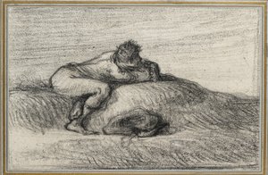 ヒロックにしゃがむ男、1848年-1850年（オフホワイトの紙に黒いクレヨン、3本の金の線で縁取られた淡いブルーの紙の上に置かれる） 作： Jean Francois Millet