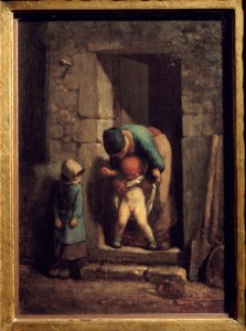 母性の戒め。母親が息子にドアの前で小便をさせる。ジャン・フランソワ・ミレー（1814-1875）の絵 作： Jean Francois Millet
