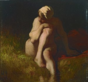 小川のほとりに座っている裸の農民の少女 作： Jean Francois Millet