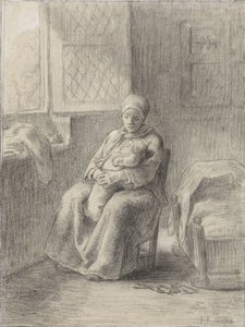 窓際の赤ん坊を持つ着席女性、1824-75年（紙にチョーク） 作： Jean Francois Millet