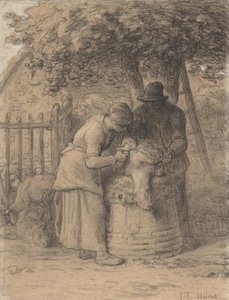 木の下で羊を聴く、1854年頃（紙にペンと茶色のインクとガッシュを塗ったコンテクレヨン） 作： Jean Francois Millet