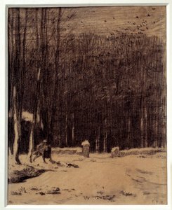 バルビゾンの森への入り口、雪の効果 ジャン・フランソワ・ミレー（1814-1875）による黒鉛筆画 薄暗い。0.28 x 0.22 m Paris.オルセー美術館 作： Jean Francois Millet