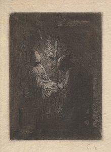 灯りで縫う二人の女性 1853年頃