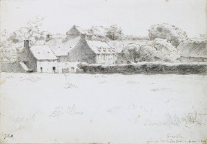 1871年のフィールド全体の農場の建物の表示（黒チョーク、ペンとインク、紙にクレヨンが描かれたグラファイト） 作： Jean Francois Millet
