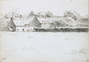 畑の向こうに農場の建物を見る（1871年8月6日 作： Jean Francois Millet